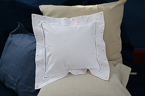 Hemstitch Baby Square Pillows 12x12" with Orange Polka Dots